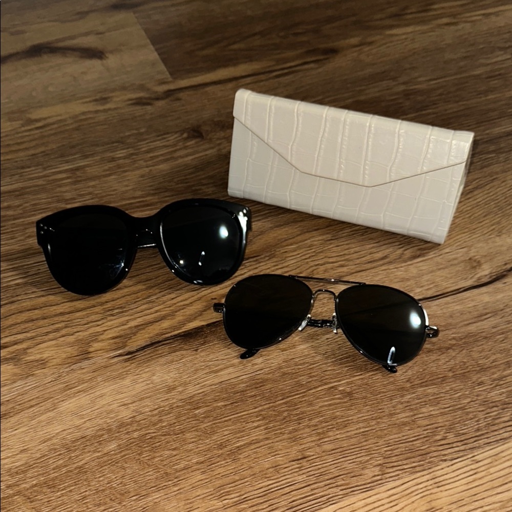 2 pairs of Black Sunglasses and cream “croc” case